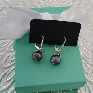Sterling Silver + Peacock Tahitian Pearl Dangle Earrings, Lever back Clo…